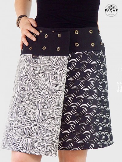 jupe noire et blanche réversible pour femme forte avec imprimé ethnique ceinture grande taille