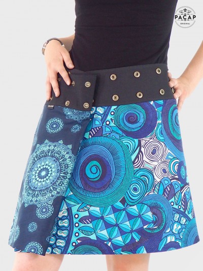 jupe aborigène bleue pour femme ronde, jupe grande taille plus ajustable bouton pression