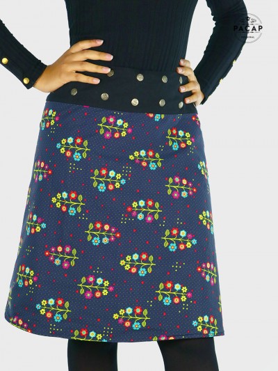 jupe bleue imprimé noel, jupe trapèze, jupe droite, jupe bleu foncé, jupe longue à carreaux, jupe maxi