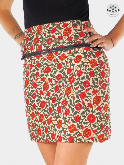 jupe beige zippée, jupe zip, jupe liberty, jupe a fleurs rouge, jupe ethnique, jupe convertible, jupe trapèze