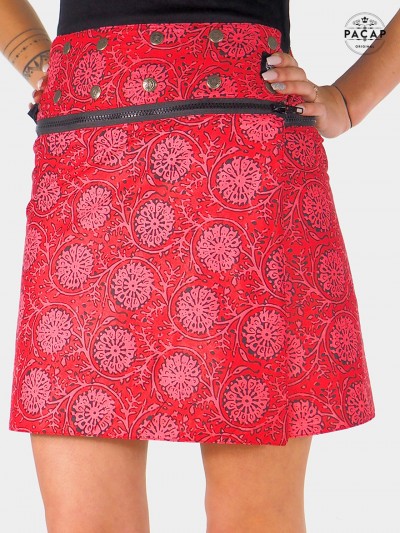 jupe rouge zippée a fleurs coupe trapèze bouton pression marque PACAP pas cher