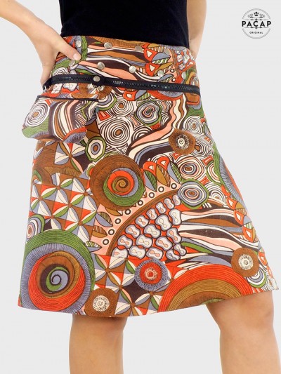 jupe longue zippée ethnique marron motif africain wax madras bogodan pagne tribal, jupe portefeuille
