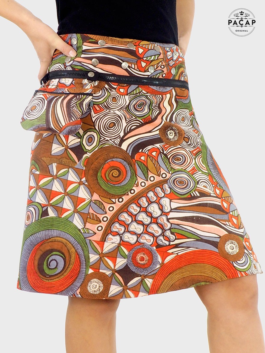 jupe longue zippée ethnique marron motif africain wax madras bogodan pagne tribal, jupe portefeuille