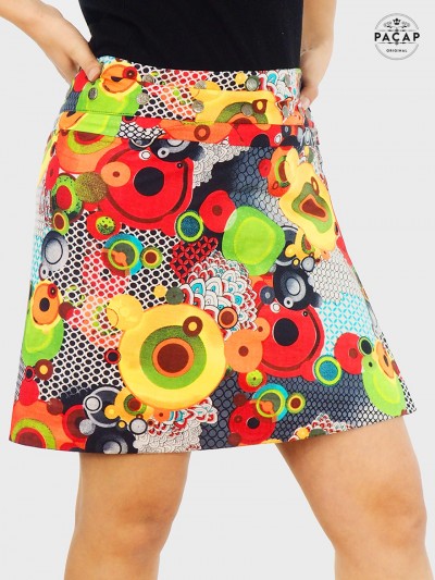 jupe multi couleur, jupe colorée, jupe flashy, jaune, cercle, jupe mandala ceinture amovible zippée, convertible
