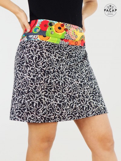 jupe noire et blanche fermeture éclair jupe femme taille ajustable boutonnée réversible avec sacoche, jupe modulable
