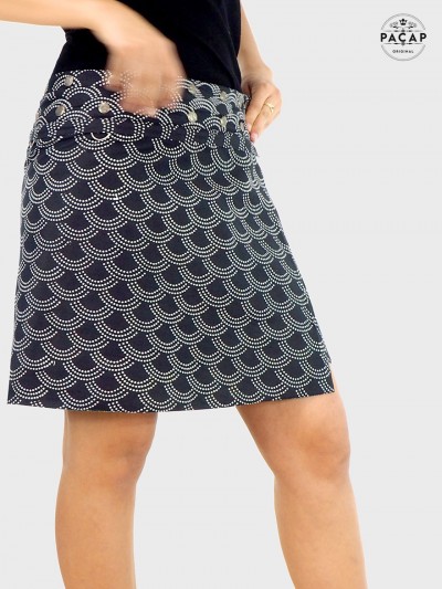 jupe noire a pois blanc imprimé japonais, jupe taille unique ceinture amovible zippée, convertible
