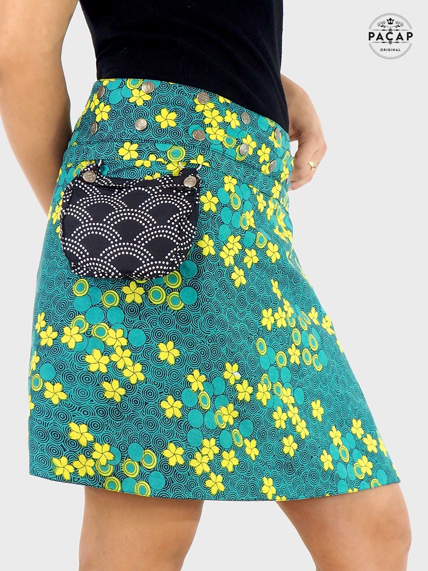 jupe verte liberty zippée transformable pochette ceinture détachable boutons pression, jupe portefeuille sacoche