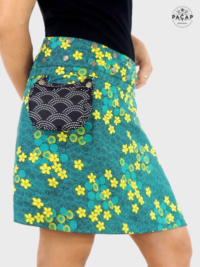 jupe verte liberty zippée transformable pochette ceinture détachable boutons pression, jupe portefeuille sacoche