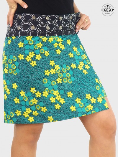 jupe zip a fleurs, jupe ethnique fermeture éclair, jupe femme taille ajustable boutonnée réversible sacoche modulable