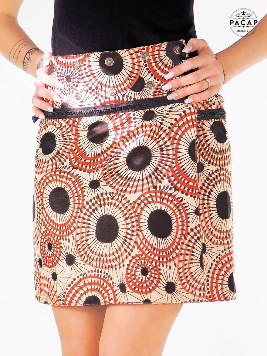 Jupe marron portefeuille, transformable, zippée, jupe pochette, ceinture imprimé, Boutons-pressions, réversible