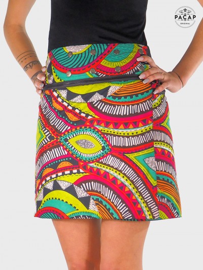 jupe portefeuille zippée imprimé africain, wax, bogodan, madras pagne, jupe verte tribal,jupe femme