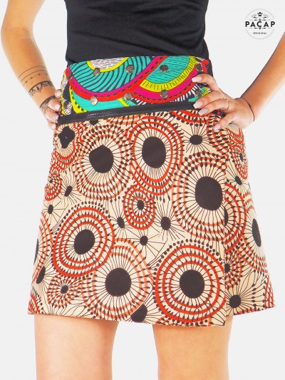 jupe trapèze marron femme zippée bouton pression fendue taille haute reglable ajustable