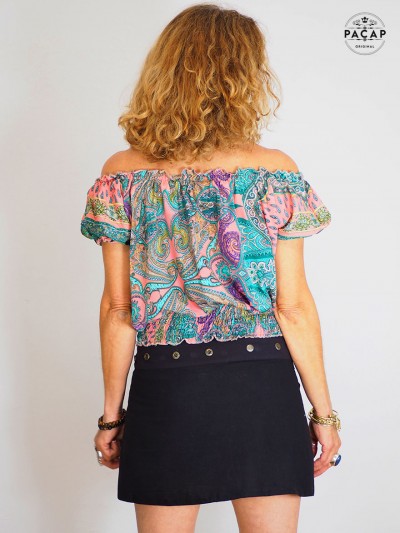 Haut Rose en Soie avec Bande Élastique Motif Cachemire - MIRINA - haut femme, crop top manche courte