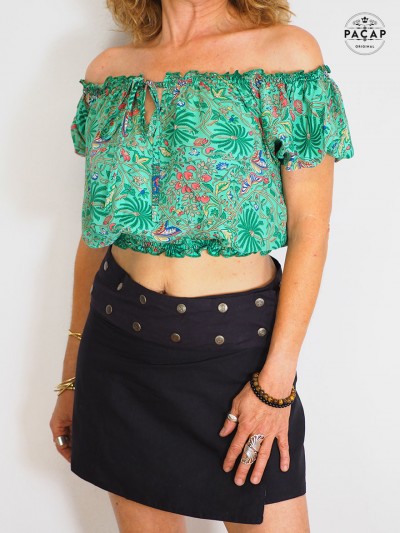 Crop Top Vert Élastique Femme Taille Unique Manches Courtes - NAOPI moti papillon palmier fleurs