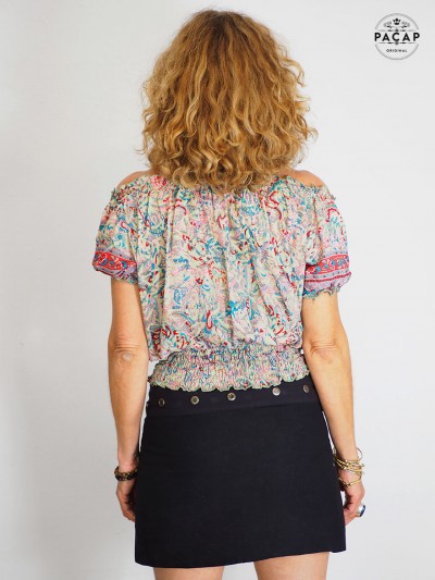 Haut soie Rose bardot Femme col liens fleurs t-shirt manches courte volantes épaules volants froufrou