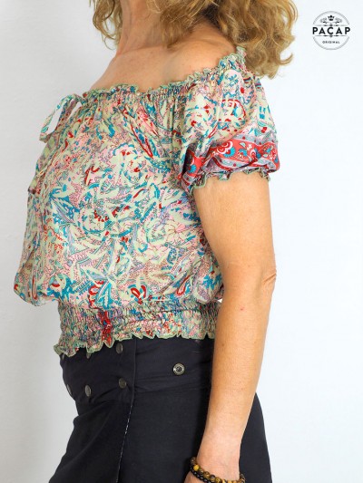 Haut bouffant soie rose femme épaules froncée dénudées imprimé fleuri taille elastique