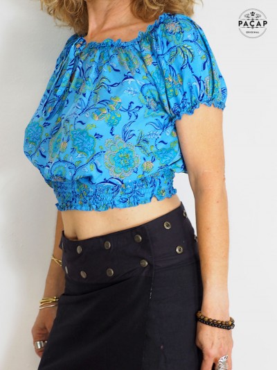 t-shirt 2en1 Bleu en soie Crop Top Bouffant Bande Elastique Col Bardot - taille unique femme