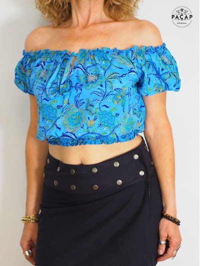 Haut 2en1 Bleu en soie Crop Top Bouffant Bande Elastique Col Bardot - taille unique femme