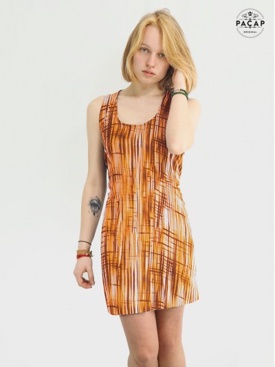 mini robe courte orange robe tunique avec épaule dénudée robe rayée sans manche